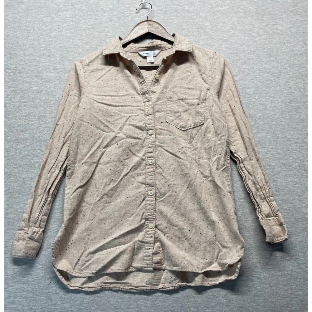 Old Navy The Tunic Shirt Womens Small Beige Confetti Speckled Pleated Button Up